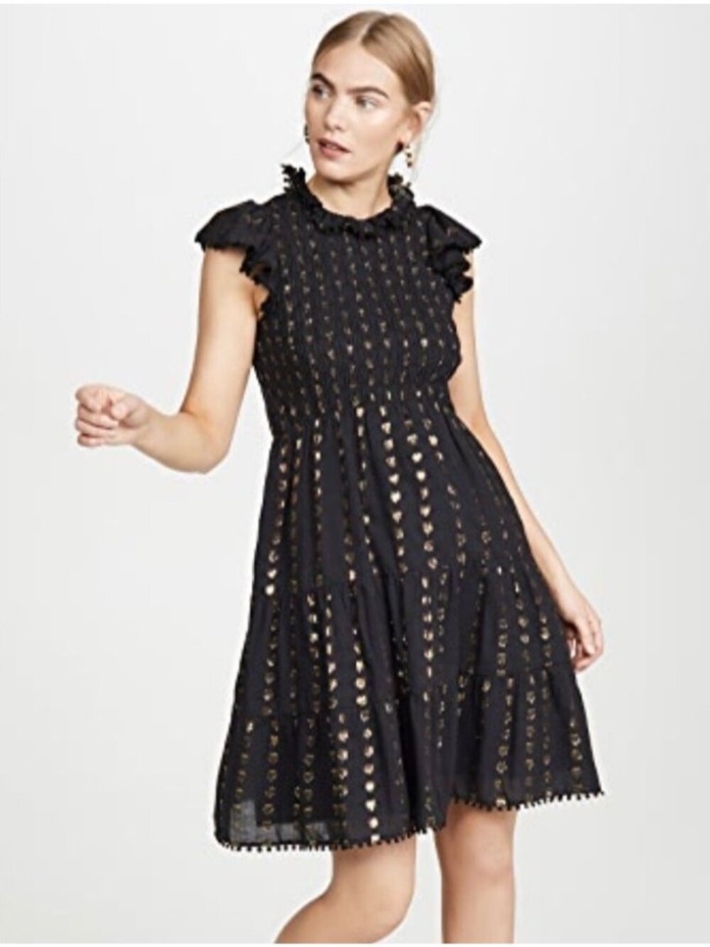 SEA NEW YORK Laura Metallic Cotton Smocked Dress, Size 2 Black & Gold